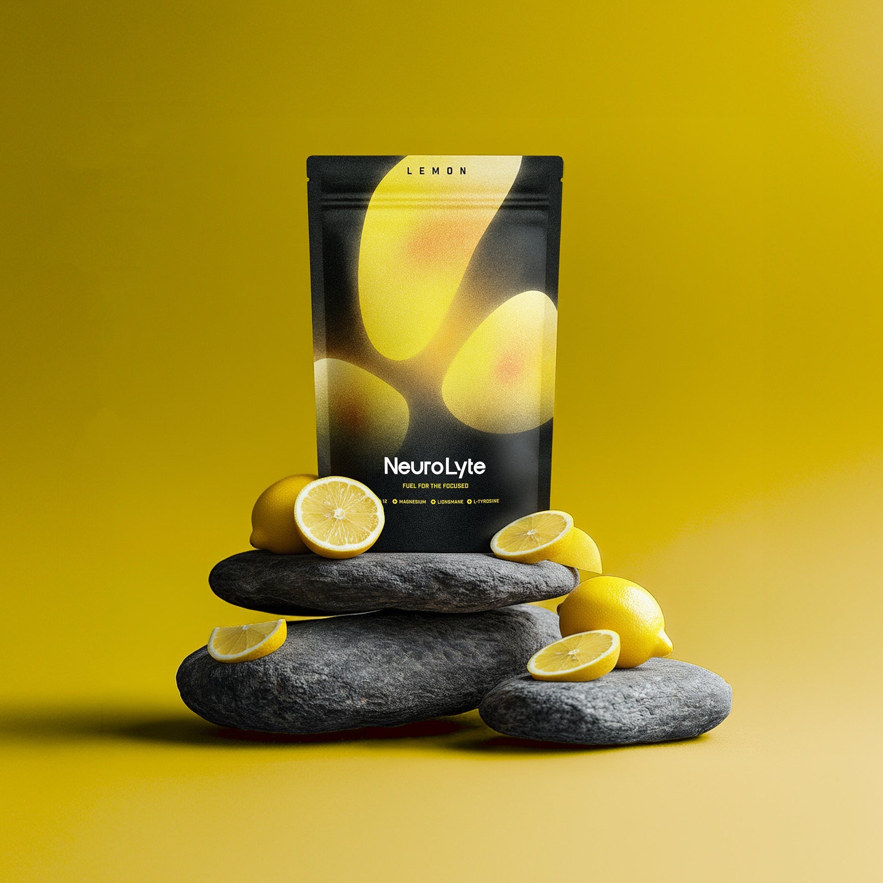 Neurolyte lemon citrus flavor bag sitting on a rock with fresh lemons around it.